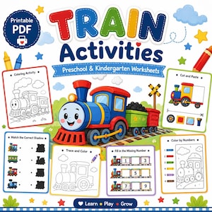 Zug-Aktivitäten zum Ausdrucken für Vorschulkinder und Kindergartenkinder, Arbeitsblätter zum Thema Transport, Lernen zu Hause, Ausschneiden, Aufkleben, Nachzeichnen (PDF)