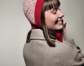 Hand Knitted Wool Angora Bonnet with Bead Detail, Two Tone Winter Bonnet Hat, Handmade Romantic Headwear Gift