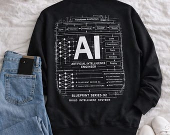 AI Engineer Sweatshirt – Artificial Intelligence Blueprint Back Print – Tech Gift for Programmers, Data Scientists