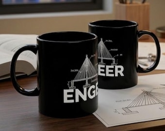 Engineer Blueprint Mug – Bridge Technical Drawing Coffee Cup – Gift for Engineer
