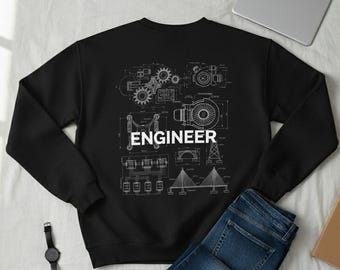 Engineer Sweatshirt – Engineering Blueprint Back Print – Gift for Engineer – Mechanical Civil Electrical Sweatshirt
