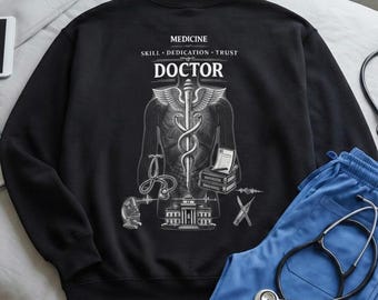 Doctor Sweatshirt – Medicine Back Print – Medical Professional Gift – Black Premium Healthcare Hoodie