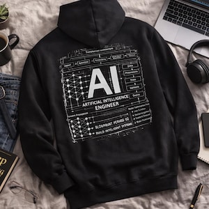 Può includere: Felpa con cappuccio nera con grafica bianca sul retro con la scritta "AI ARTIFICIAL INTELLIGENCE ENGINEER" con un design a blueprint. La felpa con cappuccio è esposta su un letto con un laptop, cuffie e un libro.