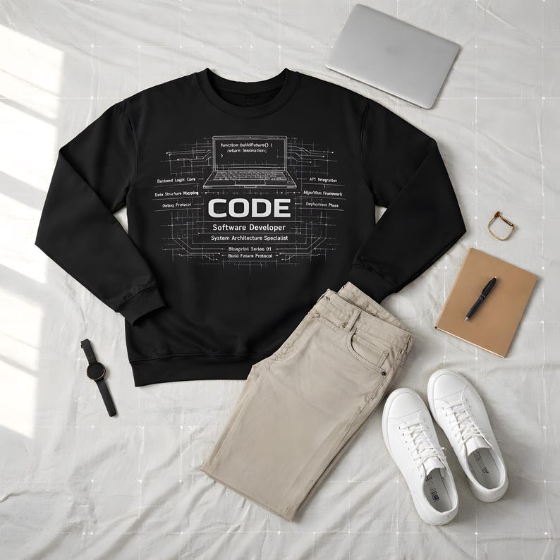 May include: Black sweatshirt with white text reading "CODE Software Developer System Architecture Specialist". The image includes khaki trousers, white trainers, and a laptop computer.