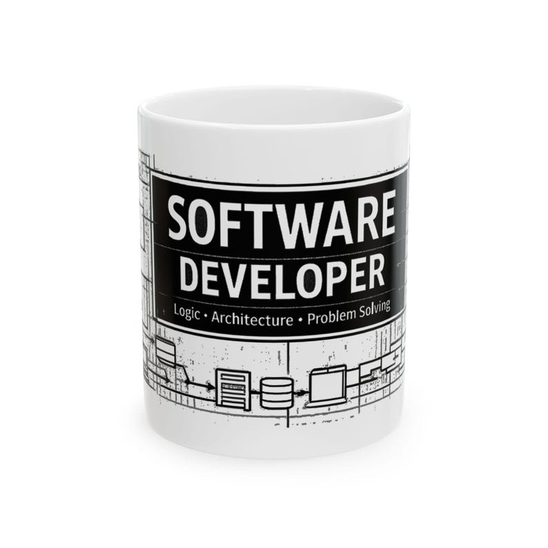 May include: White ceramic mug featuring the text "SOFTWARE DEVELOPER" in bold white letters on a black rectangular design. The mug also includes the words "Logic &bull; Architecture &bull; Problem Solving" and a software process diagram printed around it.