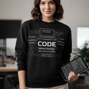 May include: Black sweatshirt with the word "CODE" and the text "Software Developer System Architecture Specialist" in white. The sweatshirt also features a laptop graphic and technical diagrams. A tablet is held in the hand.