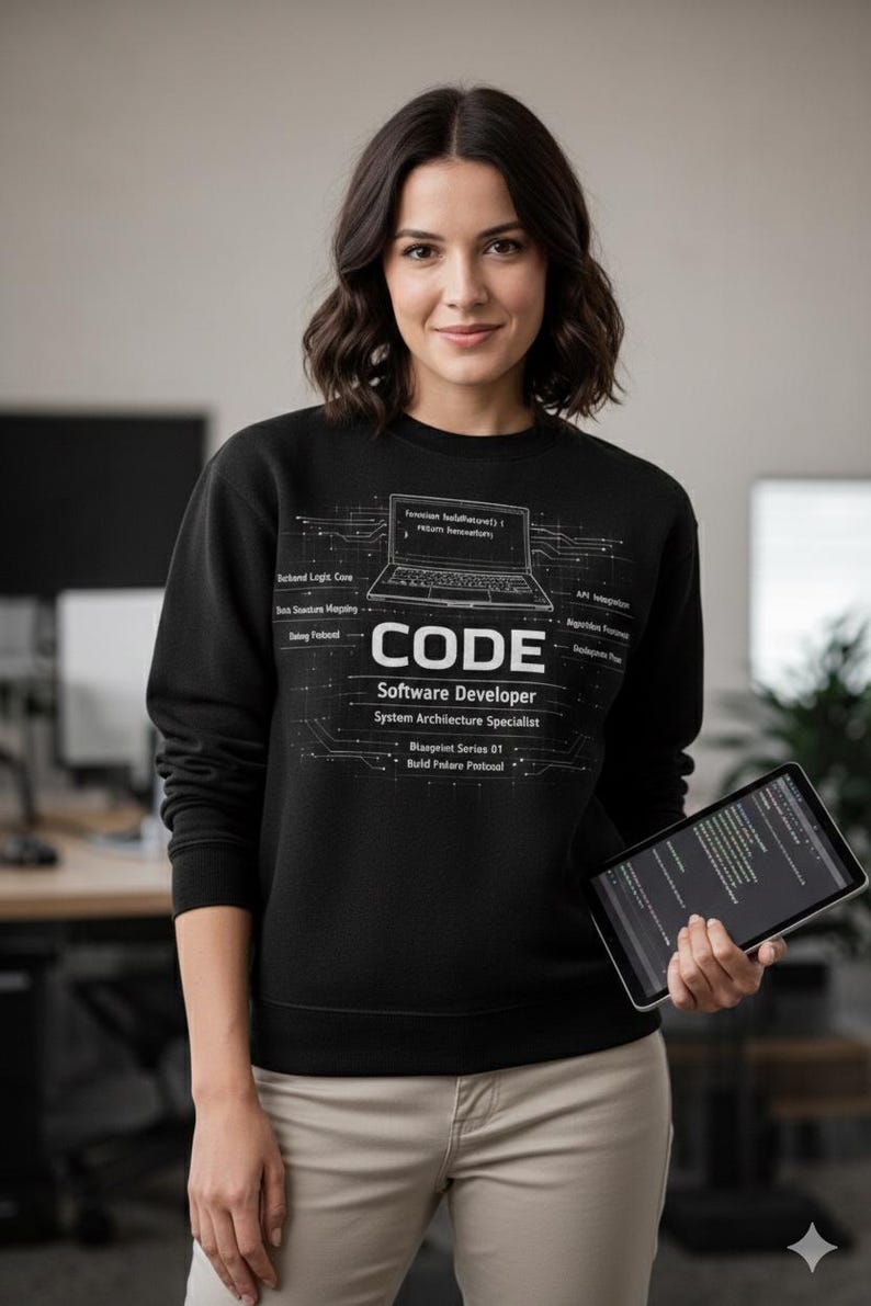 May include: Black sweatshirt with the word "CODE" and the text "Software Developer System Architecture Specialist" in white. The sweatshirt also features a laptop graphic and technical diagrams. A tablet is held in the hand.