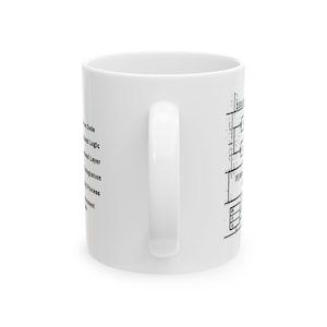 May include: White ceramic mug with a black diagram and text. The mug has a curved handle and a cylindrical shape. The text includes words like "Code", "Logic", and "Layer". The mug is designed for hot drinks.