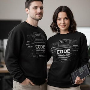 May include: Two people wearing black sweatshirts with the word "CODE" and a laptop graphic. The sweatshirts also feature the words "Software Developer" and other technical terms. They are standing in front of a plain background.