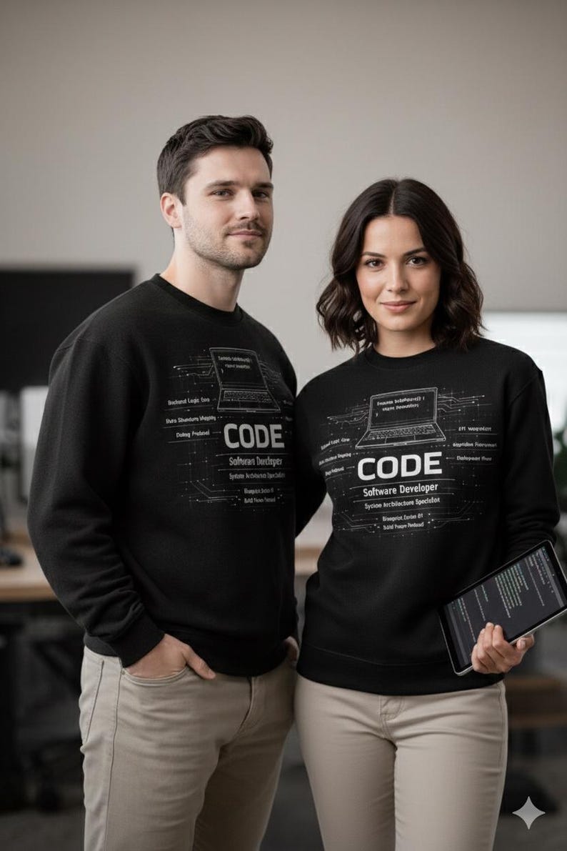 May include: Two people wearing black sweatshirts with the word "CODE" and a laptop graphic. The sweatshirts also feature the words "Software Developer" and other technical terms. They are standing in front of a plain background.