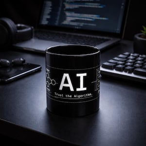 Può includere: Tazza in ceramica nera con il testo bianco "AI" e "Trust the Algorithm". La tazza presenta un diagramma di una rete neurale e altri dettagli tecnici. La tazza è su una superficie scura con un laptop, una tastiera e delle cuffie sullo sfondo.