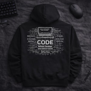 Op de afbeelding: Zwarte hoodie met een witte afbeelding op de achterkant met de tekst "CODE Software Developer System Architecture Specialist". Het ontwerp bevat een laptop en printplaatlijnen. Een toetsenbord, muis, bril en pen zijn ook zichtbaar.
