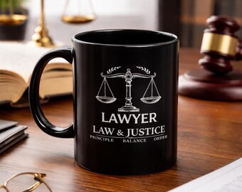Lawyer Mug – Law & Justice Coffee Cup – Scales of Justice Design – Gift for Lawyer or Attorney