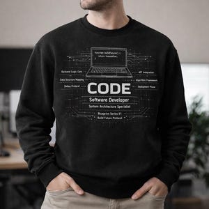 May include: Black sweatshirt with a white graphic depicting a laptop and the word "CODE". Additional text includes "Software Developer" and technical terms like "Debug Protocol" and "API Integration".