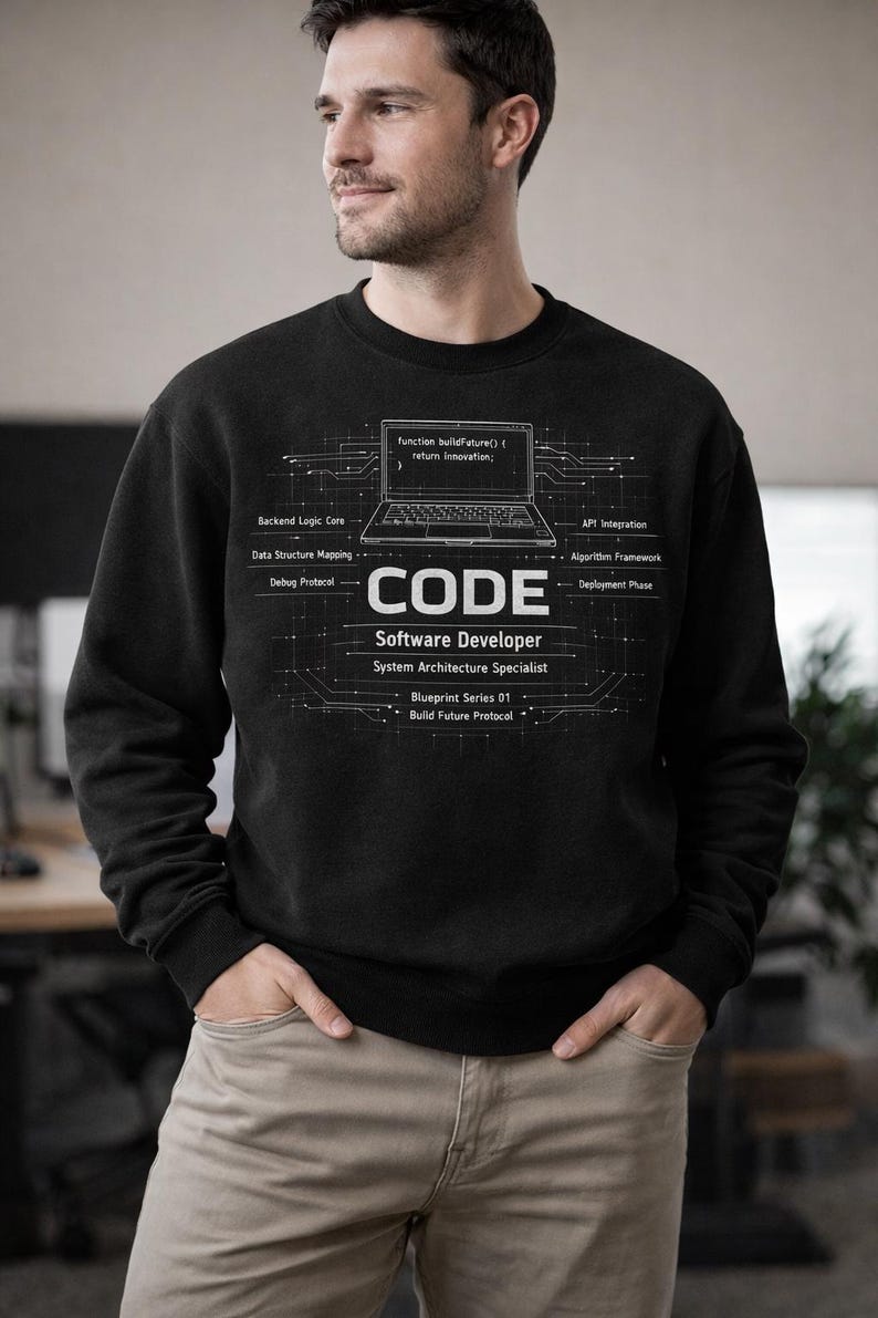 May include: Black sweatshirt with a white graphic depicting a laptop and the word "CODE". Additional text includes "Software Developer" and technical terms like "Debug Protocol" and "API Integration".
