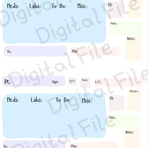 May include: Two-page medical planner with sections for patient information, medications, labs, and notes. The planner has a white background with pastel-colored boxes and text labels in black.