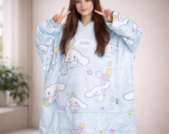 Cinnamon roll Anime Blanket Hoodie, Oversized Sherpa Snuggle Wearable Blanket