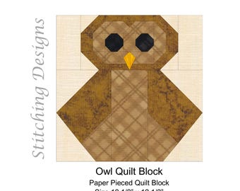 Owl Quilt Block Pattern, Traditional & Paper Pieced, 12.5" x 12.5" Finished Size