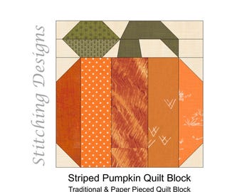 Pumpkin Quilt Block Pattern, Traditional & Paper Pieced, 12.5" x 12.5" Finished Size