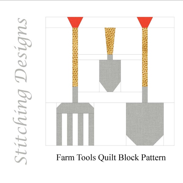 Farm tools Quilt Block, Farm Quilt block, Farm tools Quilt pattern, Farm tools Paper piecing block, Paper piecing, Farm tool block