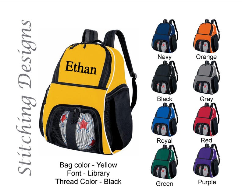 May include: Yellow backpack with the name "Ethan" in black lettering. The backpack has black mesh pockets and a white trim. Additional backpacks in navy, orange, black, gray, royal blue, red, green, and purple are also shown.