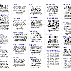 May include: A collection of various font styles, each displaying the alphabet in uppercase and lowercase. The fonts range from classic to decorative, including options like "Block," "Diary," and "Princess." The image showcases a variety of lettering styles for design projects.
