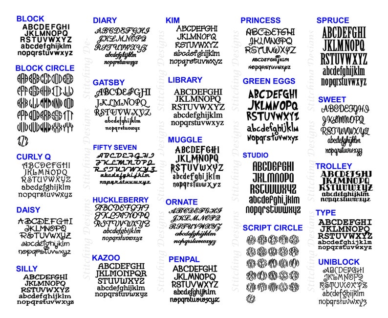 May include: A collection of various font styles, each displaying the alphabet in uppercase and lowercase. The fonts range from classic to decorative, including options like "Block," "Diary," and "Princess." The image showcases a variety of lettering styles for design projects.