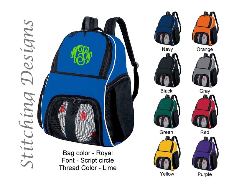 May include: A royal blue backpack with a lime green monogram. The backpack has a mesh pocket holding a soccer ball. Additional color options include navy, orange, black, gray, green, red, yellow, and purple.