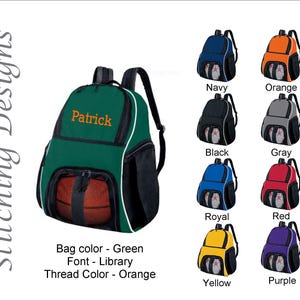 May include: A green backpack with the name "Patrick" embroidered in orange. The backpack has black accents and a mesh pocket. Additional backpacks in navy, orange, black, gray, royal, red, yellow, and purple are also shown.