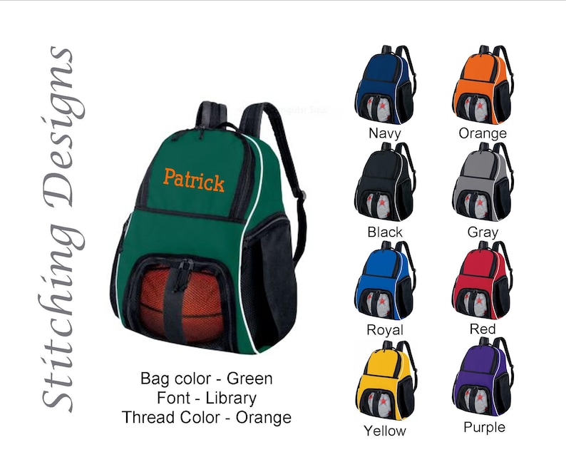 May include: A green backpack with the name "Patrick" embroidered in orange. The backpack has black accents and a mesh pocket. Additional backpacks in navy, orange, black, gray, royal, red, yellow, and purple are also shown.