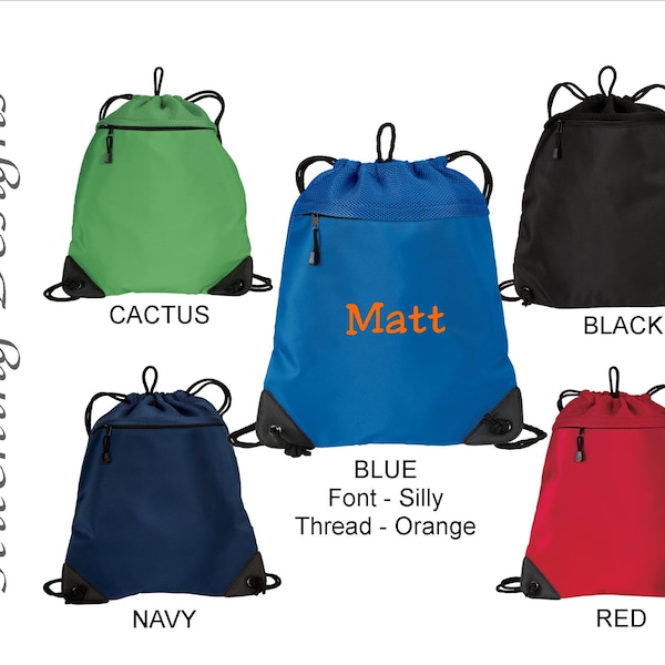 Personalized cinch backpack, draw string backpack, monogrammed backpack, mesh back, heavy material - 6 colors available