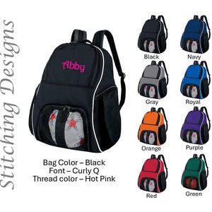May include: A backpack with a front mesh pocket containing a ball with a red star pattern. The bag features the embroidered name Abby in hot pink using a curly font. Eight color variations are displayed: black, navy, gray, royal, orange, purple, red, and green.