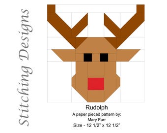 Rudolph Paper Pieced Pattern, Reindeer Quilt Block