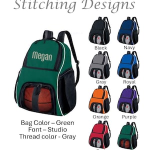 May include: A collection of personalized backpacks in various colors, including green, black, navy, gray, royal, orange, purple, red, and green. Each backpack features a mesh pocket and the name "Megan" embroidered on the front. The text "Stitching Designs" is at the top.