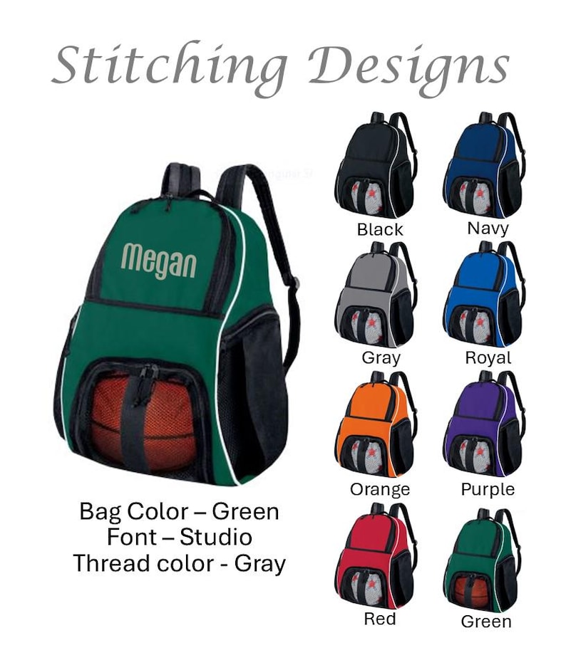 May include: A collection of personalized backpacks in various colors, including green, black, navy, gray, royal, orange, purple, red, and green. Each backpack features a mesh pocket and the name "Megan" embroidered on the front. The text "Stitching Designs" is at the top.