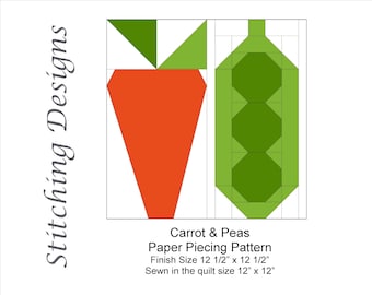 Carrot & Peas Quilt Block, Carrot and Peas  Paper piecing block, Paper piecing, Carrot and Peas block, Size 12 1/2" x 12 1/2"