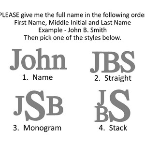 May include: Image with text instructions for personalized name styles. The text reads: "PLEASE give me the full name... Example - John B. Smith... Then pick one of the styles below." Four styles are shown: Name, Straight, Monogram, and Stack.