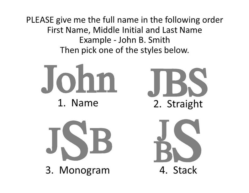 May include: Image with text instructions for personalized name styles. The text reads: "PLEASE give me the full name... Example - John B. Smith... Then pick one of the styles below." Four styles are shown: Name, Straight, Monogram, and Stack.