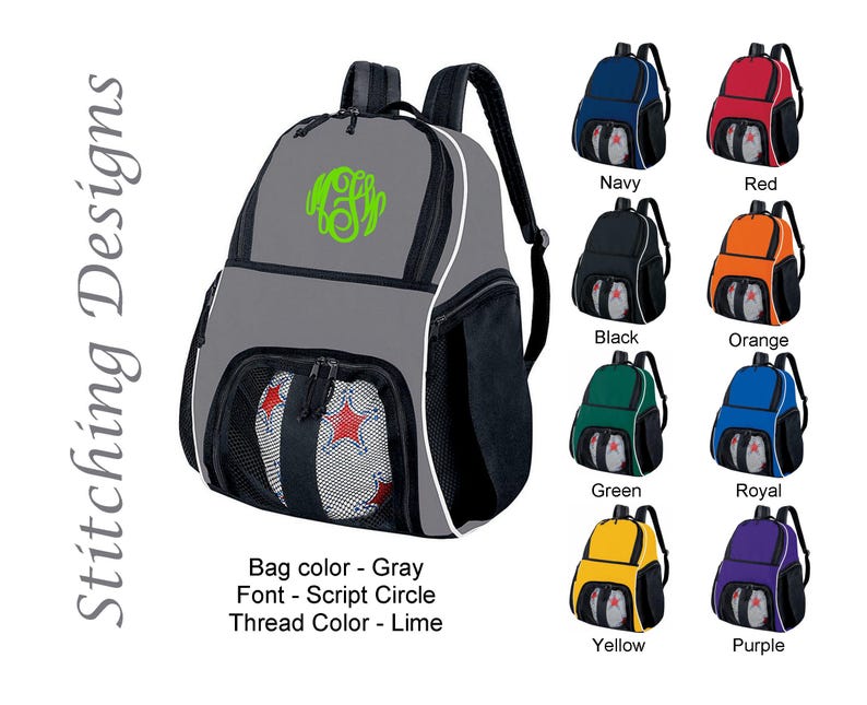 May include: Gray backpack with a lime green monogram. The backpack has a white trim and black mesh pockets. Additional color options include navy, red, black, orange, green, royal, yellow, and purple.