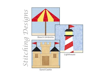 Beach Quilt Blocks Bundle: Lighthouse, Sand Castle, Umbrella (3 Blocks)