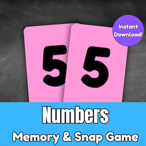 May include: Two pink cards with the number 55 in bold black font. A purple circle with the text "Instant Download!" is in the upper right corner. The bottom of the image has the words "Numbers Memory & Snap Game" in white text on a blue background.