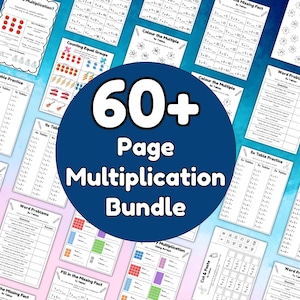 Puede incluir: Un conjunto de más de 60 páginas de hojas de trabajo de multiplicación. Las hojas de trabajo incluyen práctica de tablas, problemas de palabras y ejercicios para completar los hechos que faltan. Un círculo azul en el centro dice "60+ Page Multiplication Bundle".