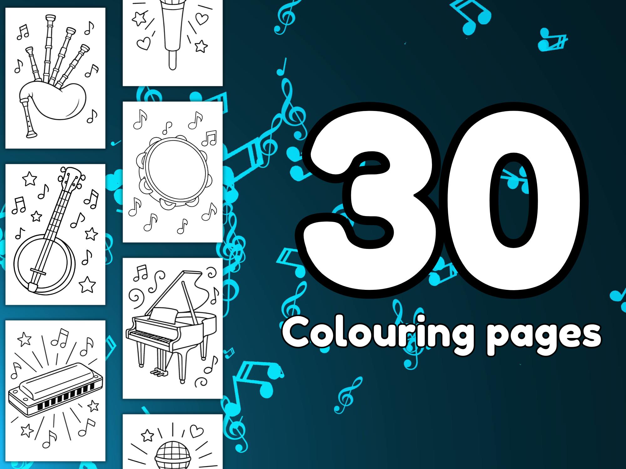 Writing Music Instrument For Coluring Musical Instrument Colouring Pages for Kids | 30 Music Sheets (digital ...