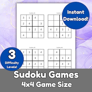 May include: A printable Sudoku game sheet with four 4x4 puzzles. The image features the text "Instant Download!" and "3 Difficulty Levels!" in blue circles. The title "Sudoku Games 4x4 Game Size" is also displayed.