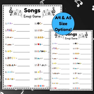 Peut inclure: Deux feuilles de jeu d'&eacute;mojis de chansons imprimables, de tailles A4 et A5, avec des notes de musique et le titre "Songs Emoji Game". Le jeu propose des lignes num&eacute;rot&eacute;es avec des indices d'&eacute;mojis pour deviner les titres des chansons.