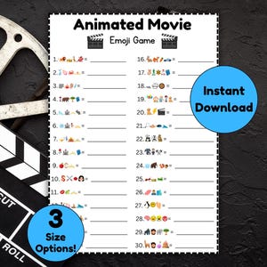 以下が含まれることがあります： 30個の絵文字パズルを備えた、白黒の印刷可能な「Animated Movie Emoji Game」シート。 「Instant Download」と「3 Size Options！」の青い円が含まれています。 フィルムリールと映画のクラッパーボードが背景にあります。