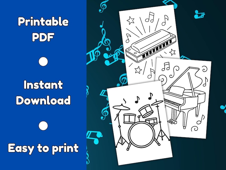 Writing Music Instrument For Coluring Musical Instrument Colouring Pages for Kids | 30 Music Sheets (digital ...