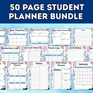 May include: A student planner bundle with 50 pages, featuring various templates like essay, experiment, and case study planners, Cornell notes, and a mind map. The design includes a blue header with white text and pastel accents.