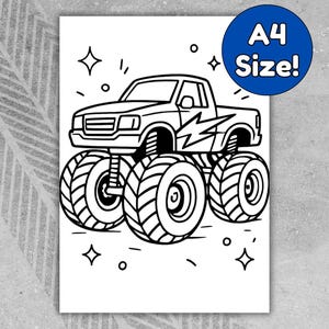 May include: Black and white line art illustration of a monster truck with large tires and a lightning bolt graphic. The image includes the text "A4 Size!" in a blue circle, and decorative star shapes.