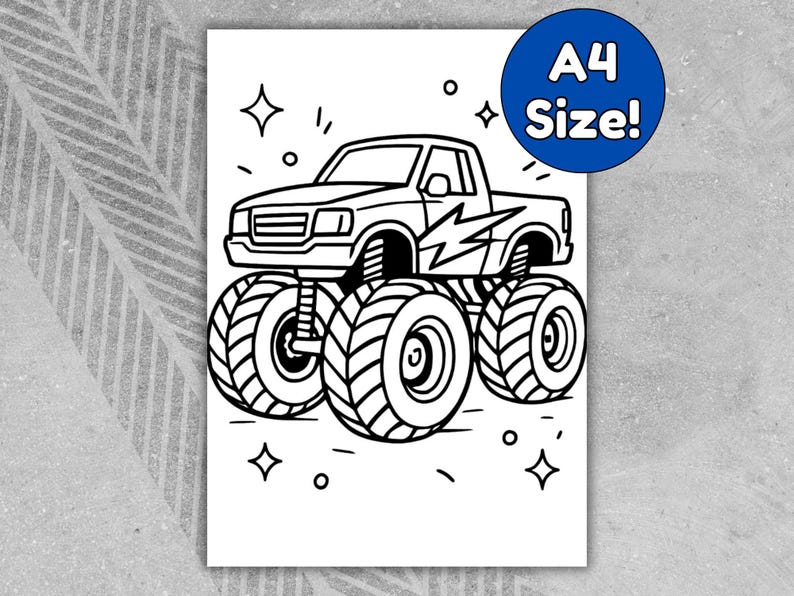 May include: Black and white line art illustration of a monster truck with large tires and a lightning bolt graphic. The image includes the text "A4 Size!" in a blue circle, and decorative star shapes.